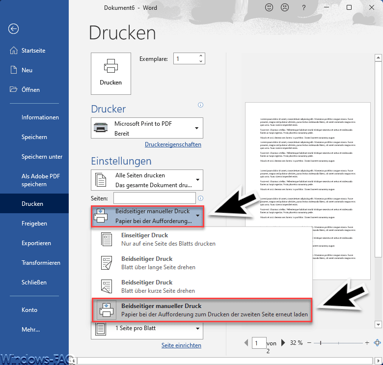 Word Beidseitiger manueller Druck