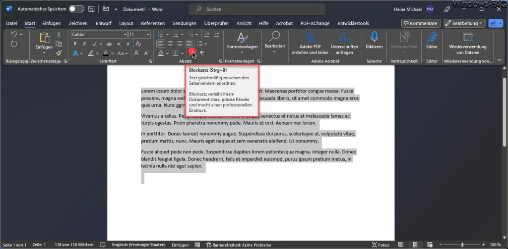 Word Text als Blocksatz formatieren STRG+B