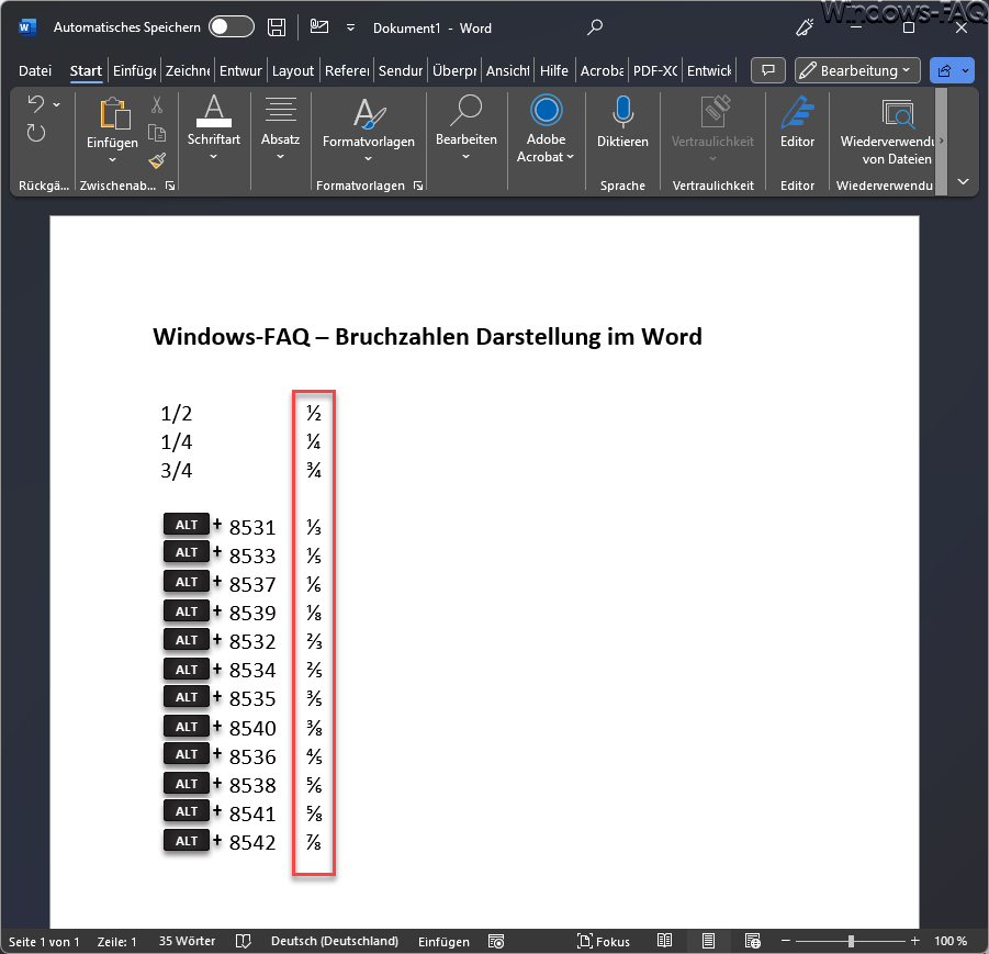 Bruchzahlen im Word