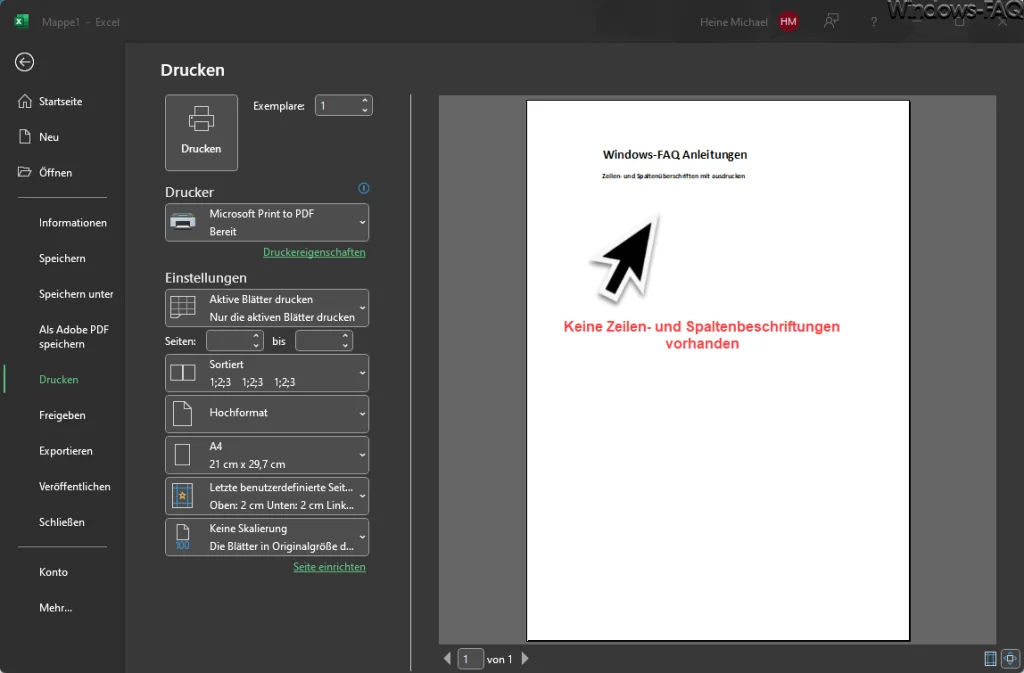 Excel keine Zeilen- und Spaltenbeschriftungen
