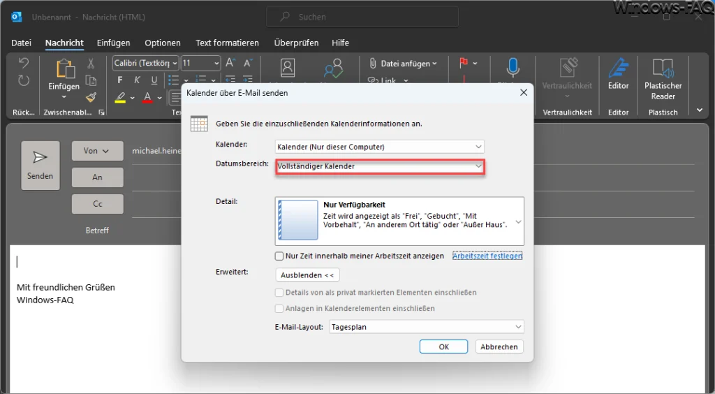 Outlook Kalender senden Einstellungen