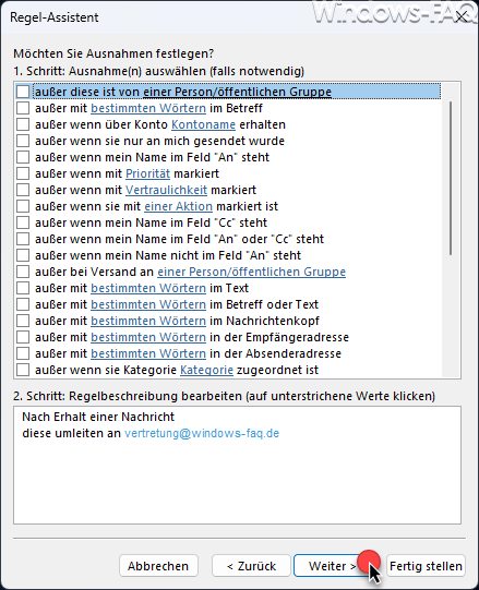 Outlook Regel-Assistent Ausnahmen