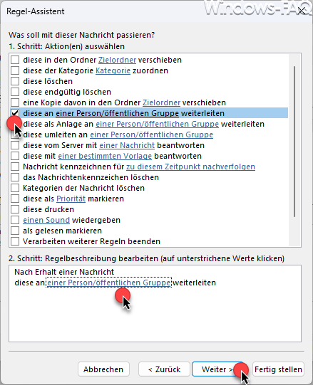 Outlook Regel diese an eine Person oder Gruppe weiterleiten