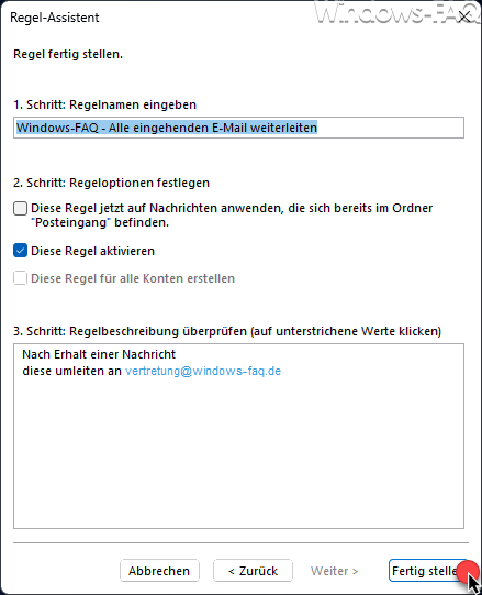 Outlook Weiterleitungsregel fertigstellen