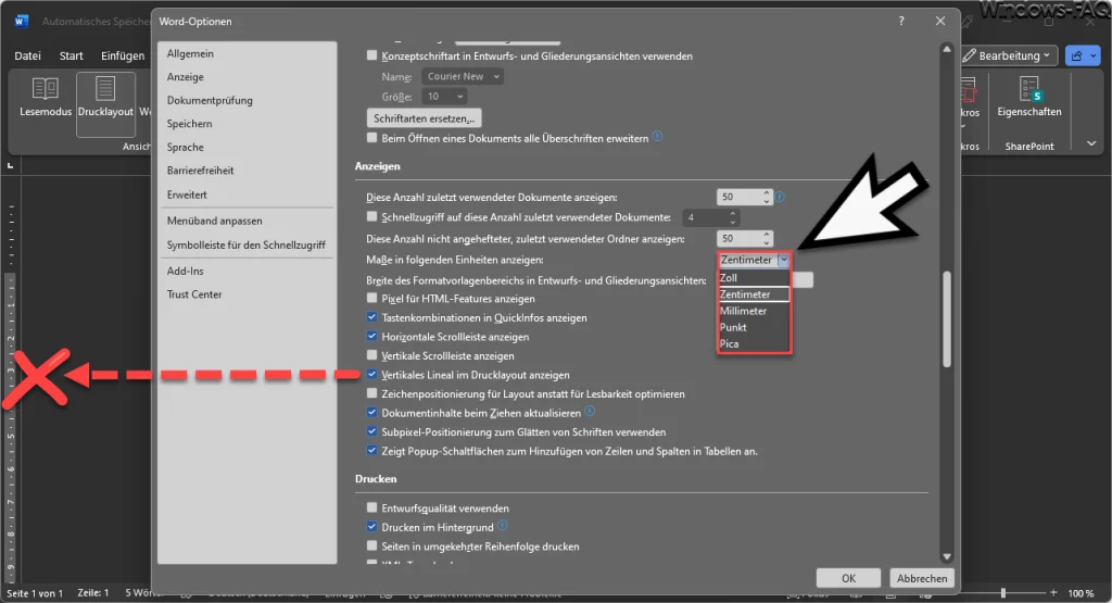 Word Lineal Maßeinheiten und vertikales Lineal