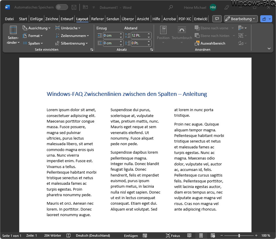 Word senkrechte Zwischenlinien zwischen den Spalten einfügen
