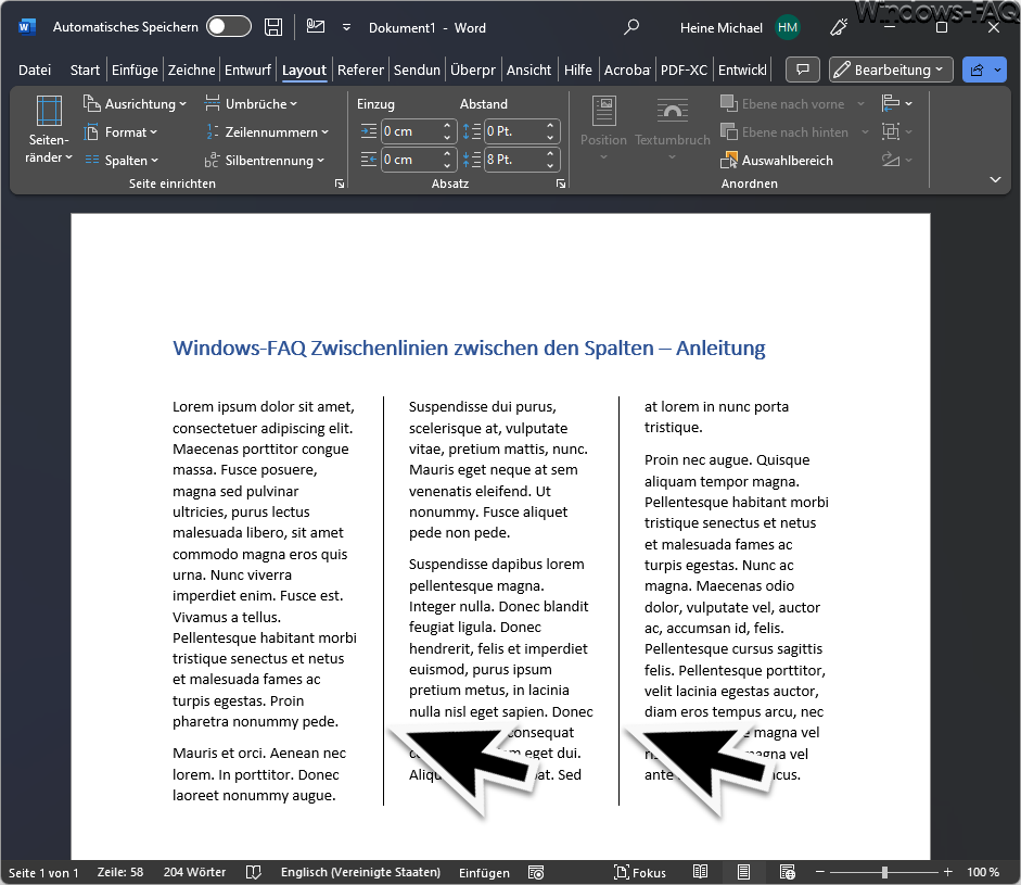 Word senkrechte Zwischenlinien zwischen den Spalten eingefügt