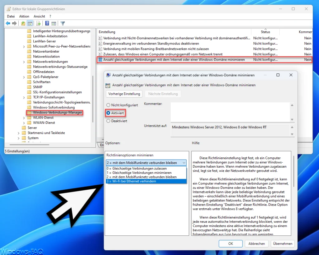 Anzahl gleichzeitiger Verbindungen mit dem Internet oder einer Windows-Domäne minimieren