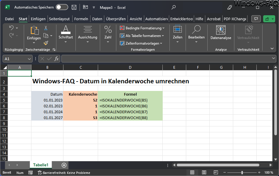 Excel Datum in Kalenderwoche umrechnen mit ISOKALENDERWOCHE