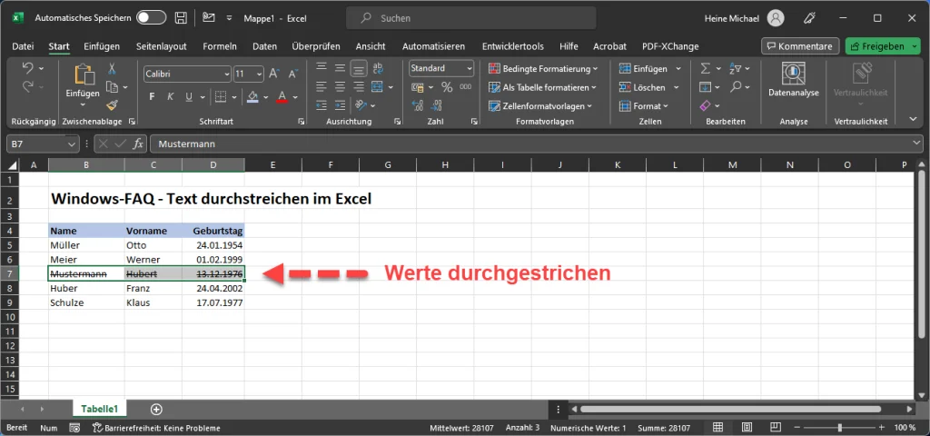 Excel Texte durchgestrichen