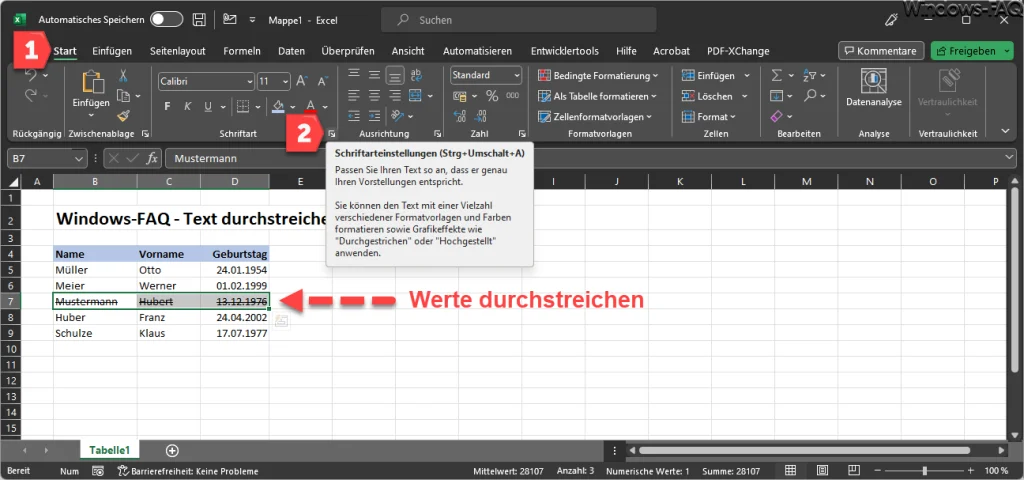 Excel Werte durchstreichen