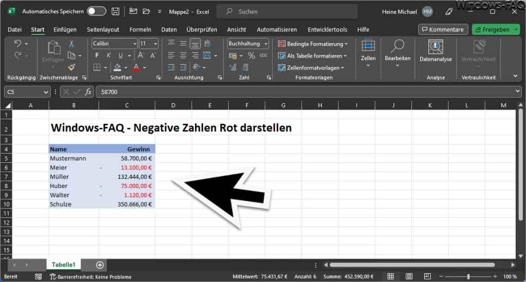 Excel negative Zahlen in Rot dargestellt