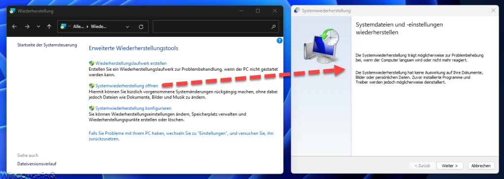 Systemweiderherstellung öffnen