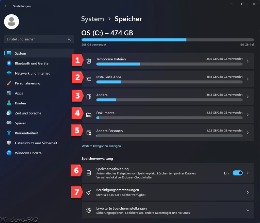 Windows Speicherverwaltung und Bereinigungsempfehlungen