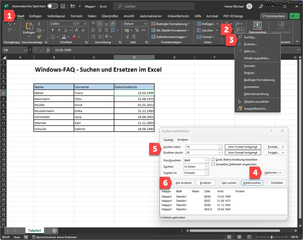 Excel Suchen und Ersetzen Funktion
