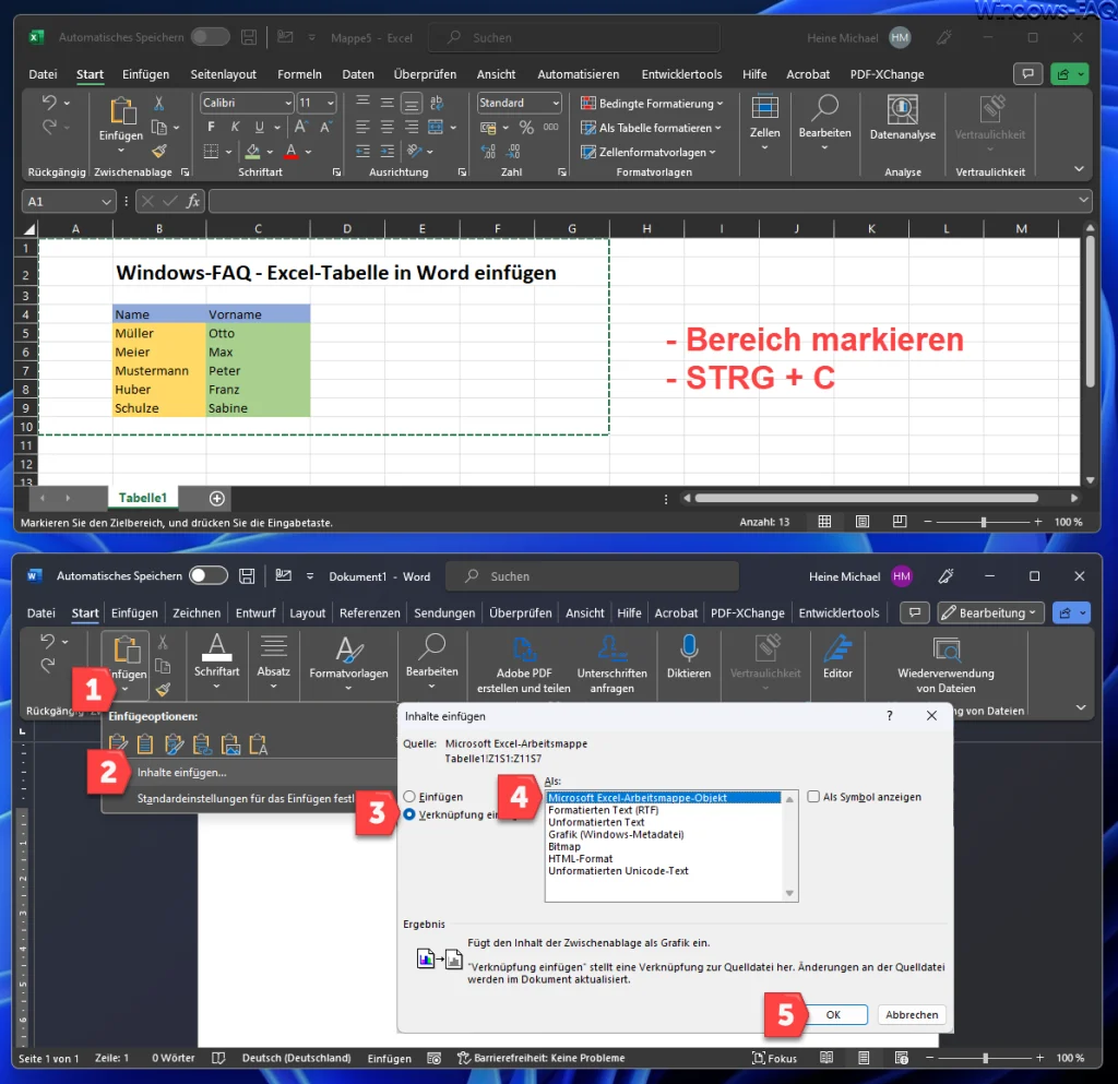Excel Tabelle Verknüpfung erstellen im Word