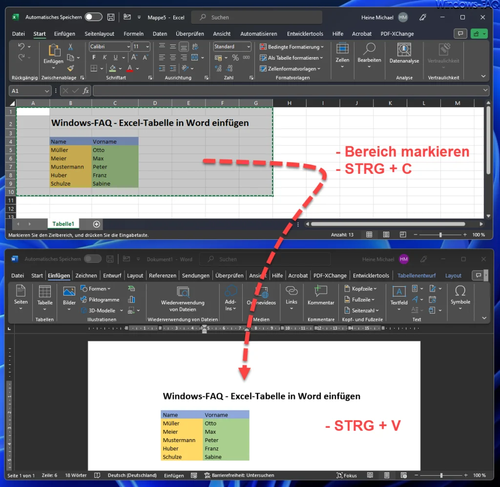 Excel Tabelle per Zwischenablage kopieren