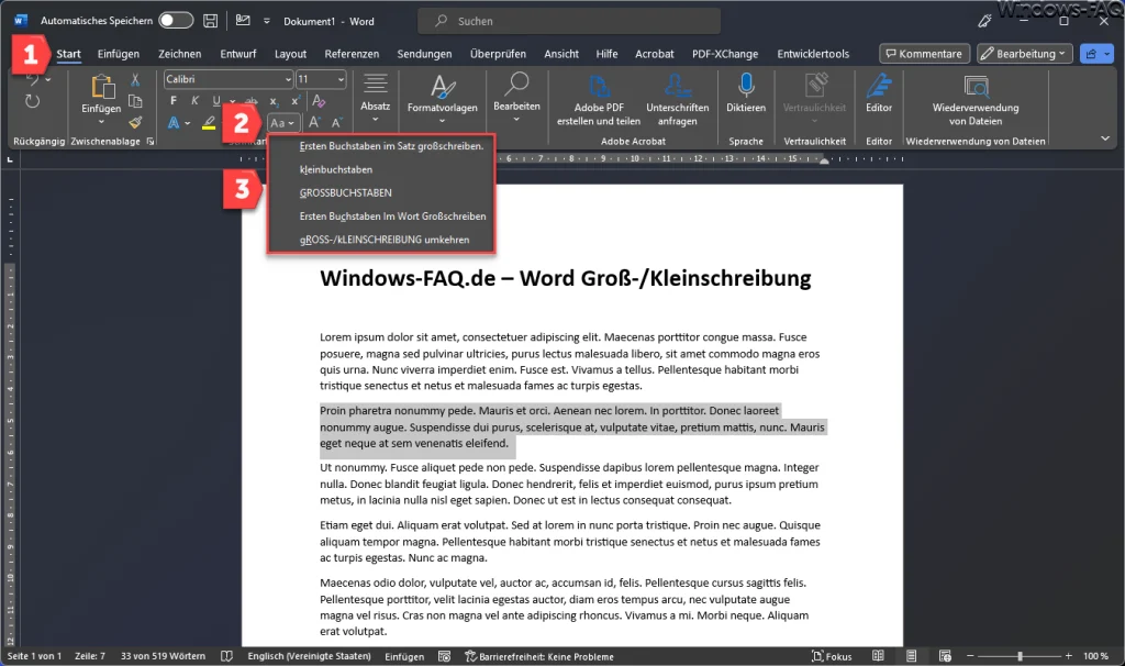 Word Groß-Kleinschreibung