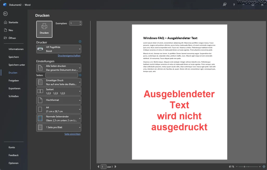 Word ausgeblendeter Text wird nicht ausgedruckt