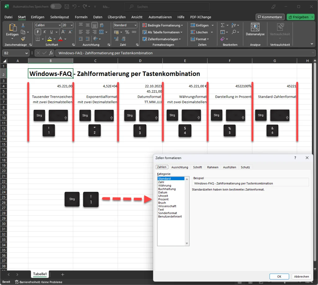 Excel Zahlenformatierungen mit Tastenkombinationen STRG + SHIFT + 1-6