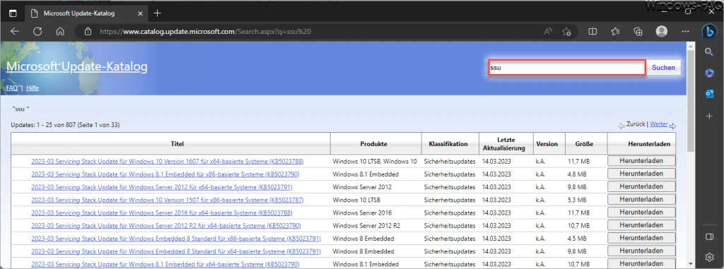 SSU Updates Microsoft Update Catalog