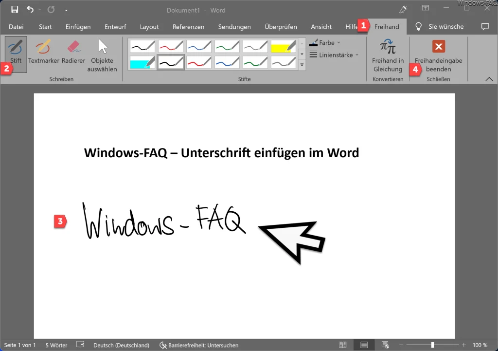 Word Unterschrift Freihandeingabe