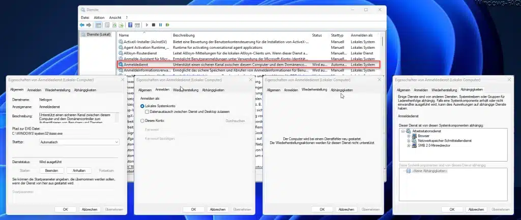 Windows Anmeldedienst Eigenschaften