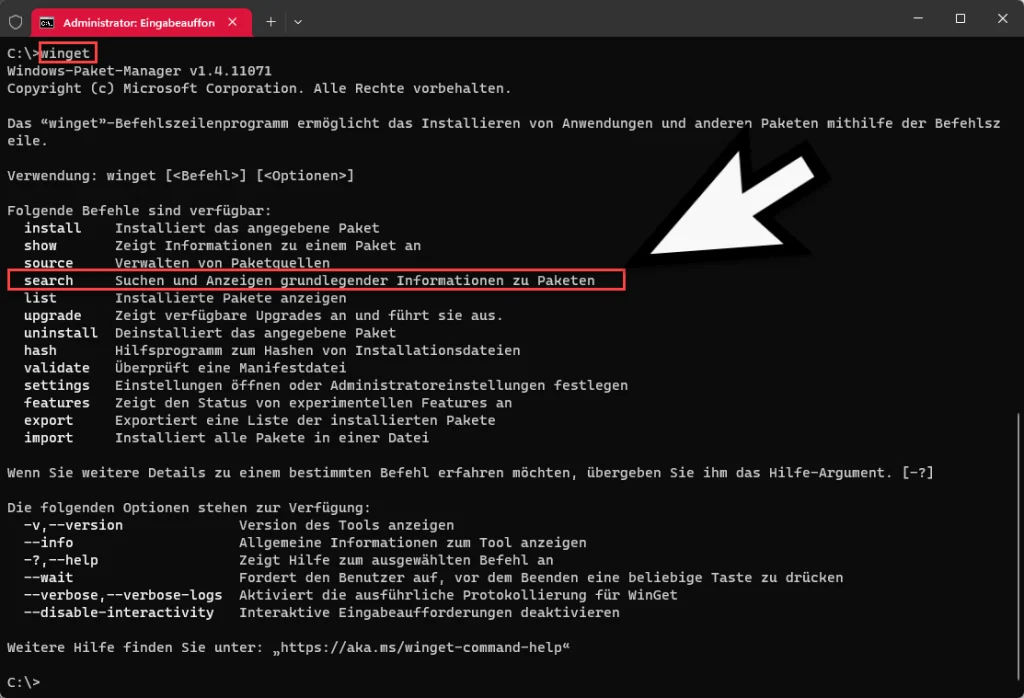 winget search - Suchen und Anzeigen grundlegender Informationen zu Paketen