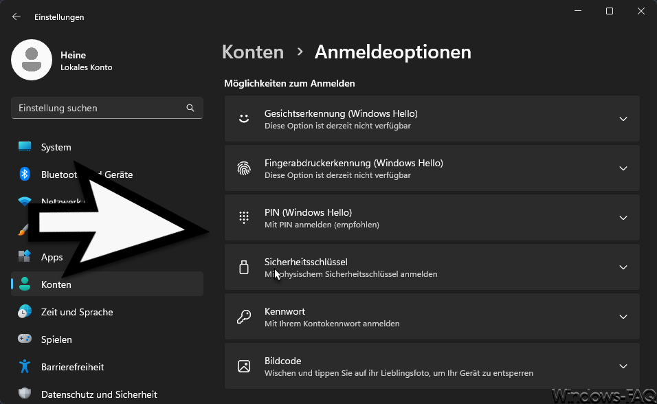 Aktive Windows Anmeldeoptionen