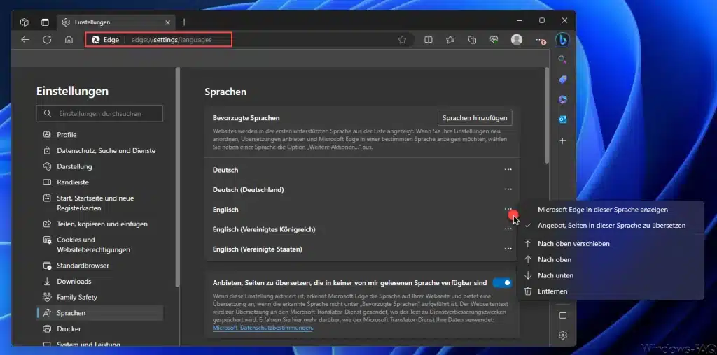 Edge Sprache umstellen