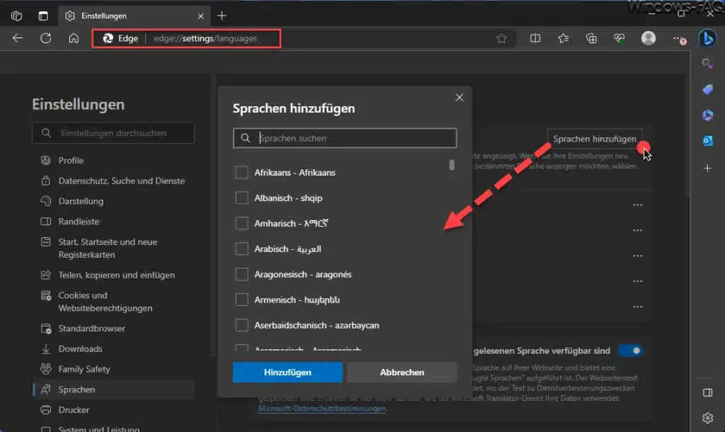 Edge Sprachen hinzufügen