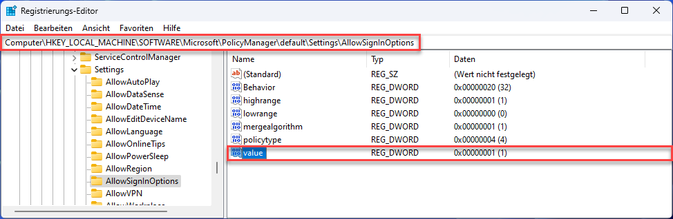 Value AllowSignInOptions