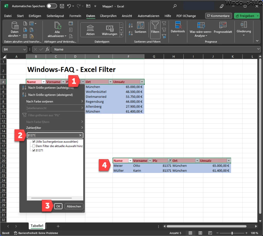 Excel Feld filtern