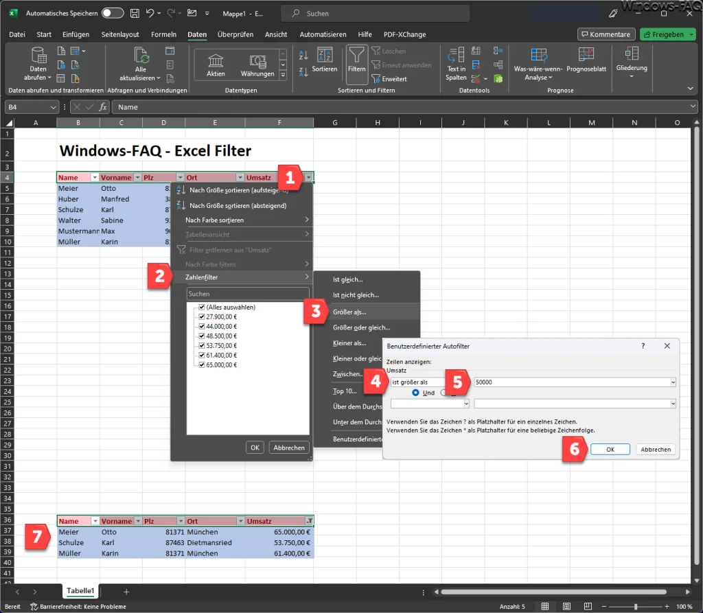 Excel Zahlen Filter größer als