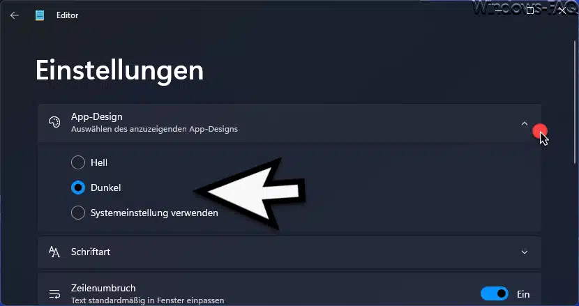 Notepad Einstellungen Dark Mode