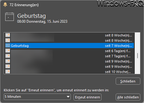 Outlook Erinnerungsfenster