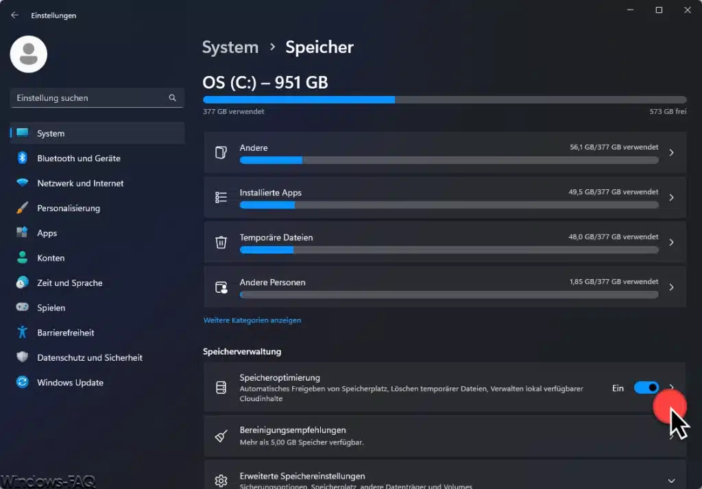 Windows 11 System Speicher