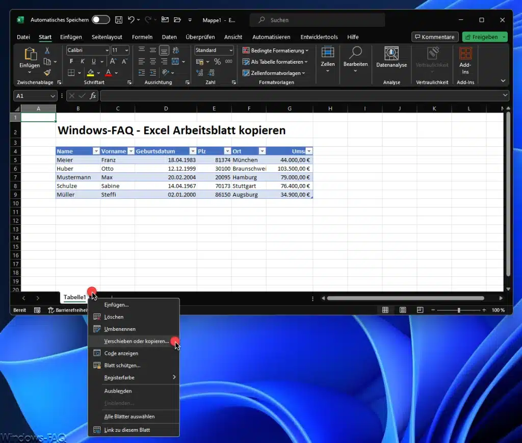 Excel Arbeitsblatt Verschieben oder kopieren