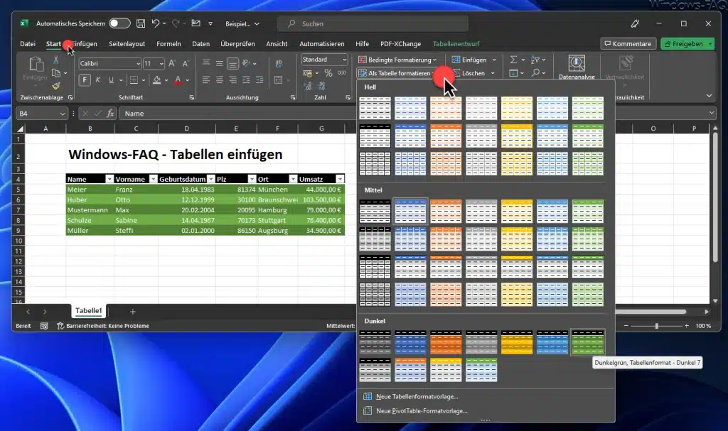 Excel Tabelle formatieren