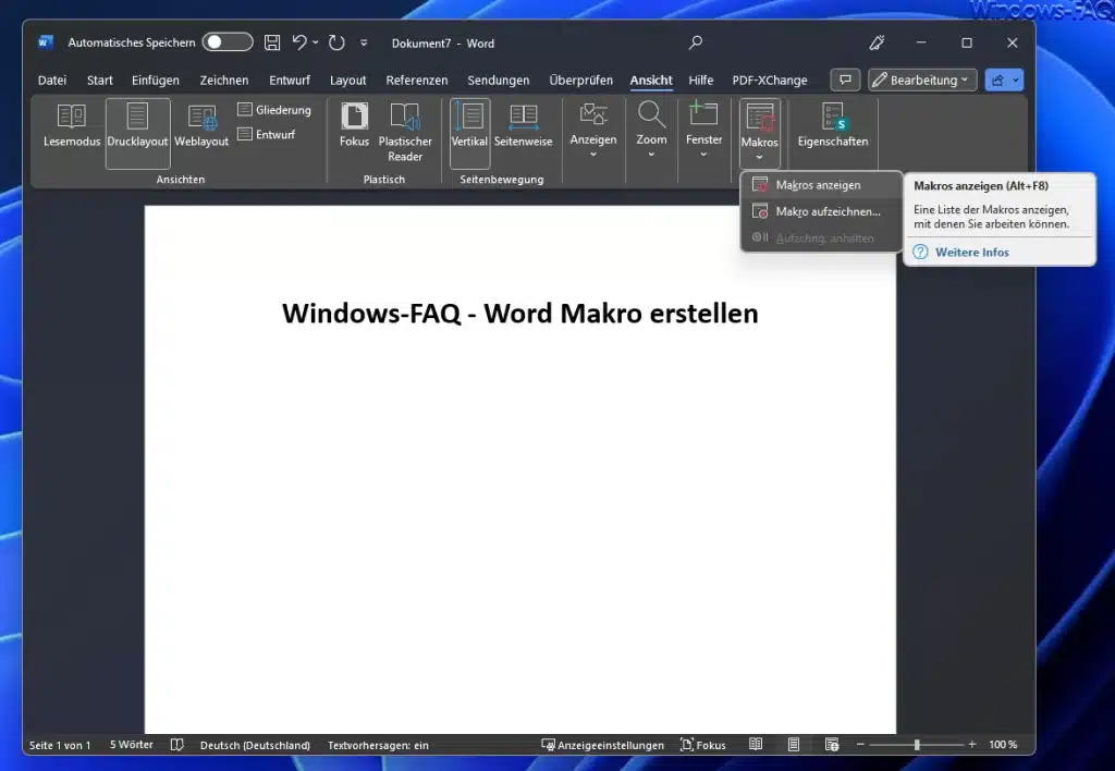 Word Makros anzeigen und aufzeichnen ALT + F8
