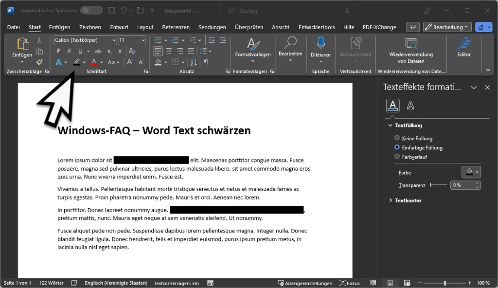 Word Wörter oder Sätze schwärzen