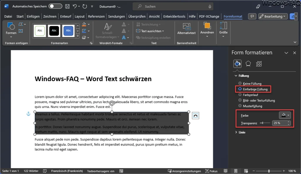 Word schwärzen Füllung und Transparenz
