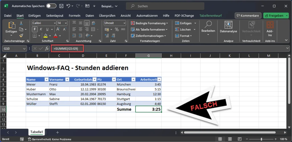 Excel Stunden addieren falsch