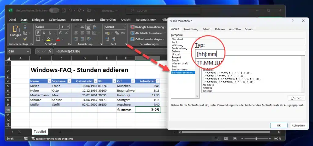 Excel Stunden addieren korrekte Formatierung