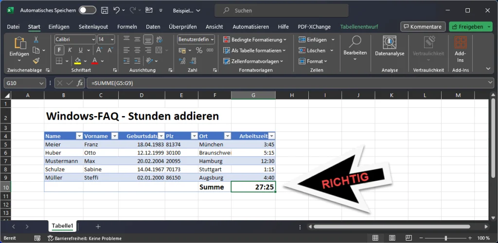 Excel Stunden richtig addieren