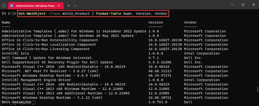 Get-WmiObject -Class Win32_Product Format-Table Name, Version, Vendor