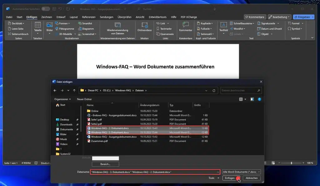 Word Dateien markieren und zusammenführen