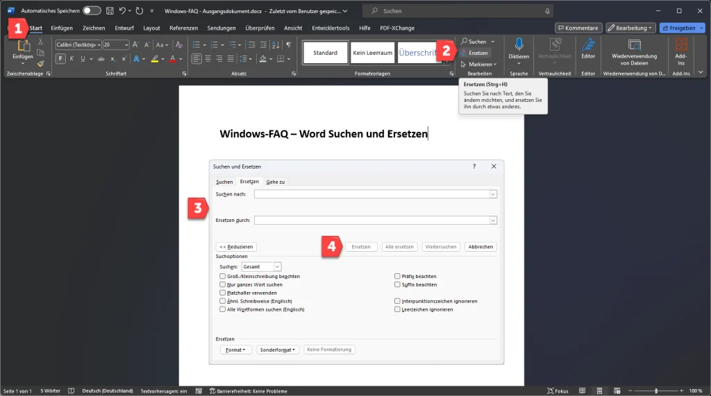 Word Ersetzen STRG + H