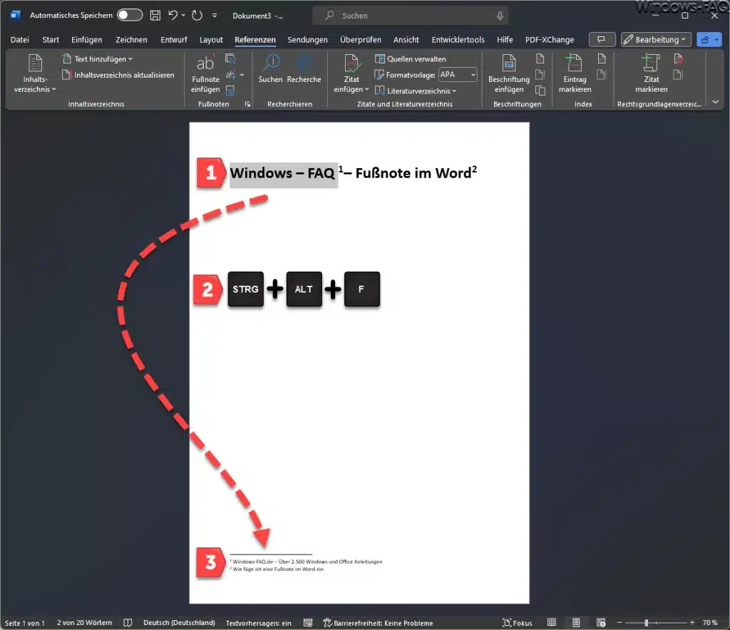Word Fußnote mit STRG ALT F