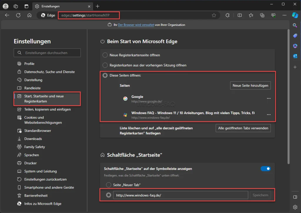 Edge Startseiten festlegen